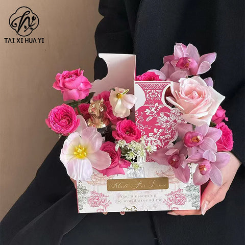 Elegant Floral Pattern Plastic Hand-Held Folder Box Creative Packaging for Coffee Milk Tea Cups
