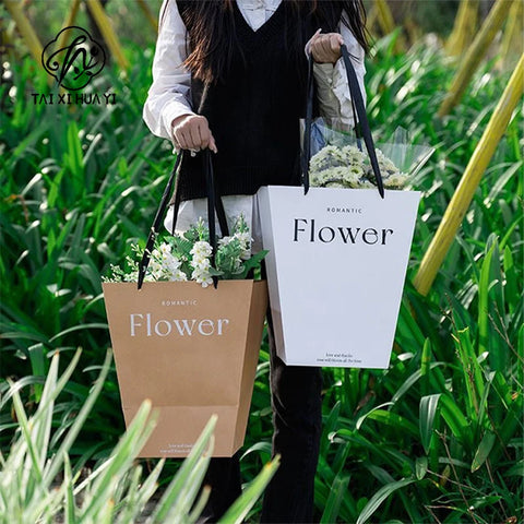 Classic Trapezoidal White and Kraft Paper Bag for Flower Bouquet Valentine's Day Gift with Ribbon Accessory