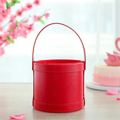 Korean Flower Arrangement Handheld Leather Round Gift Box Qixi Rose Bouquet for Cosmetic Use Handmade Round Hand Holding Bucket