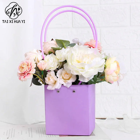 Portable Square Flower Gift Carrier Bags Art Paper Bouquet Wrapping Floral Bag for Arrangements Kraft Paper for Easy Storage