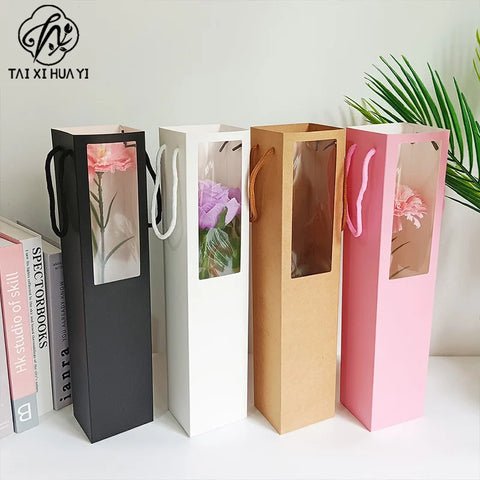 Disposable Solid Color Single Rose Gift Bag Transparent Window Square Matte Laminated Paperboard Folders Custom Logo Bouquet