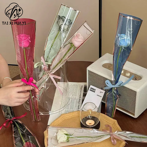 Transparent OPP Fresh Floral Packaging for Florists Elegant Heart Pattern Single Rose Flower Bag
