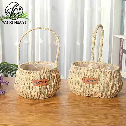 Woven Flower Basket with Paper Rope Handle for Mother's Day Party Wedding Easter Decor Wooden Gift Basket for Festive Occasions