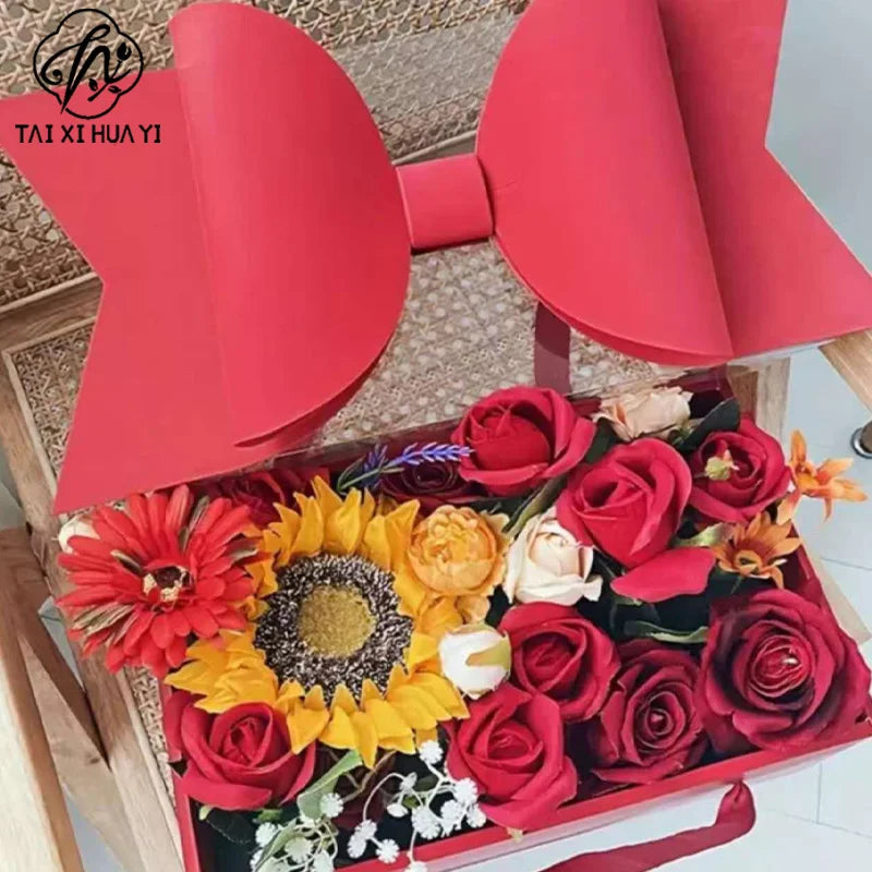 Eco-Friendly Recyclable Kraft Paper Flat Fruit and Flower Gift Box with Bow Valentine's Day Rose Box Handheld Flower Cake Box
