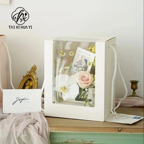 Clear Window Folding Gift Box with Flower Handle Festive Party Decor for Mother's Day Birthday Valentine's Day