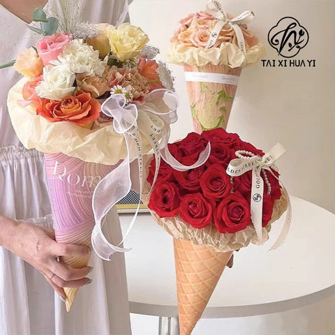Unique Ice Cream Cone Shape Flower Wrapping Paper Thick Cardboard Gift Paper for Bouquet Packaging Gravure Printing Compatible