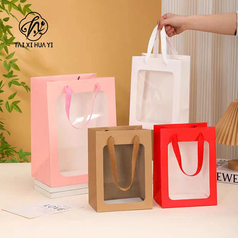 Classic Clear Transparent Kraft Paper Bags Window Cotton Rope Handle Offset Printing Recycled Materials Hand Length Handle for