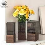 Light Luxury Modern Sleek Square Hydroponic Acrylic Vase with Wooden Sleeve Stand for Gift & Craft Packaging