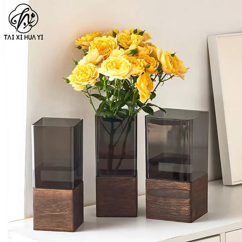 Light Luxury Modern Sleek Square Hydroponic Acrylic Vase with Wooden Sleeve Stand for Gift & Craft Packaging