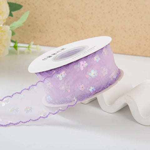 Single-Sided Satin Ribbon Roll 4 cm 1.5 Inch Sequin Small Flower Hook Edge DIY for Wedding Christmas Gift Packaging