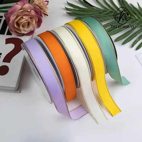 2.5cm Double Side Satin Ribbon Gold Edged Polyester for Wedding or Fashion for Gift & Flower Wrapping Christmas Ribbons