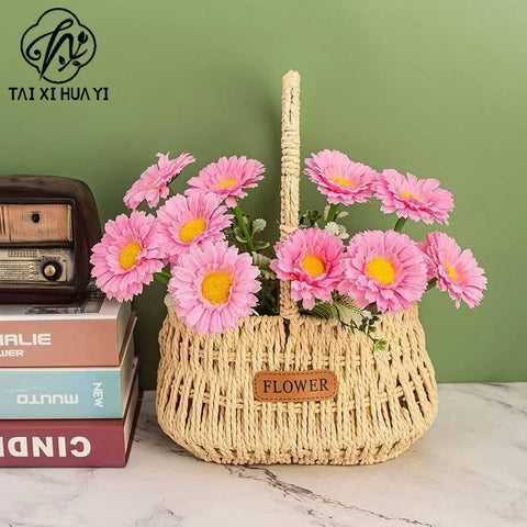 Woven Flower Basket with Paper Rope Handle for Mother's Day Party Wedding Easter Decor Wooden Gift Basket for Festive Occasions