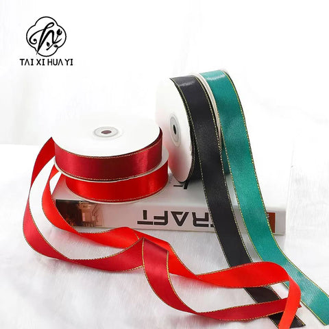 High Quality Polyester Satin Ribbon Gold Edge Floral Design for Wedding Birthday Flower Cake Gift Packaging Christmas