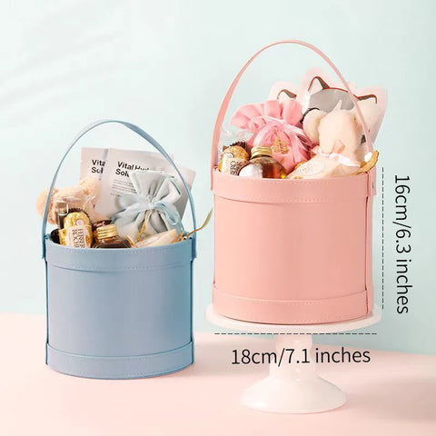Elegant Handheld Leather Hug Boxes Paper Souvenir Flower Gift Boxes with Round Bucket for Bouquets
