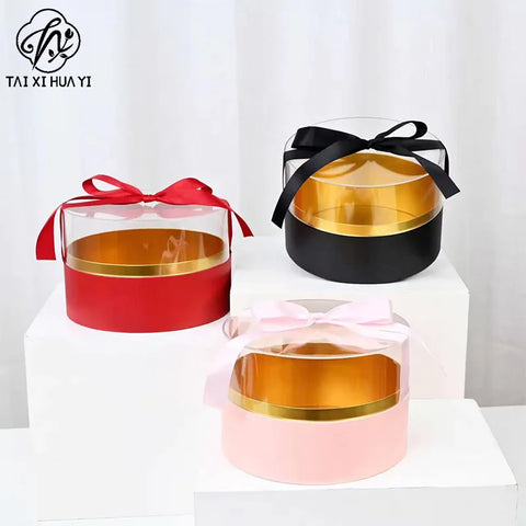 Round Cylinder Rose Flower Gift Box with UV Coating and Transparent Lid for Valentine's Day Fresh Flower Packaging
