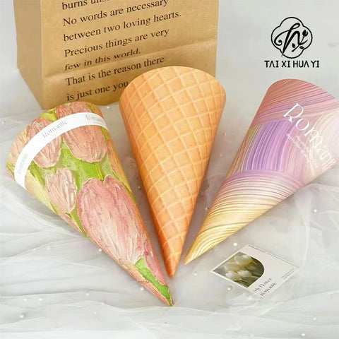 Unique Ice Cream Cone Shape Flower Wrapping Paper Thick Cardboard Gift Paper for Bouquet Packaging Gravure Printing Compatible