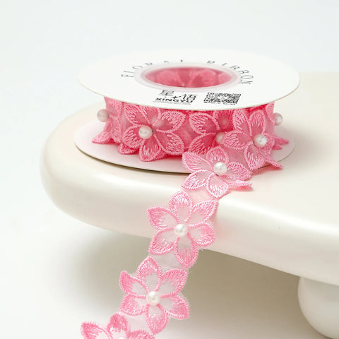 3.5cm Luxury Satin Embroidered Small Flower Bouquet Ribbon for Valentine's Day & Wedding Packaging Biodegradable