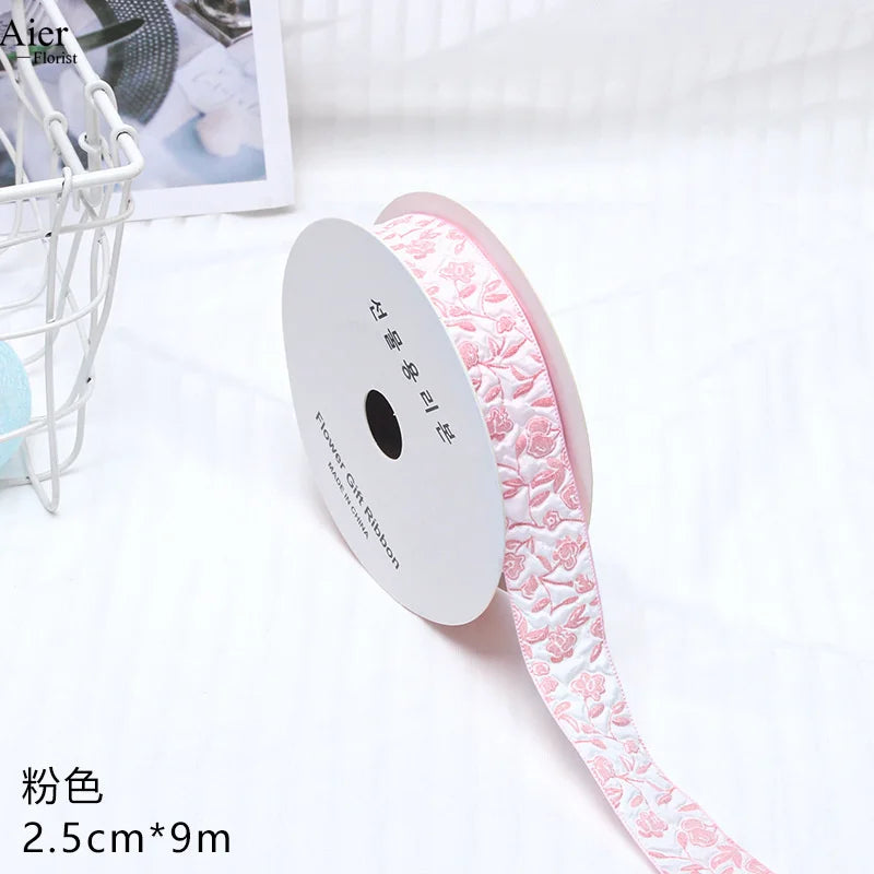 Embossed Rose Rosette Ribbon Bouquet Packaging Material for Birthday Halloween Wedding Christmas Flower