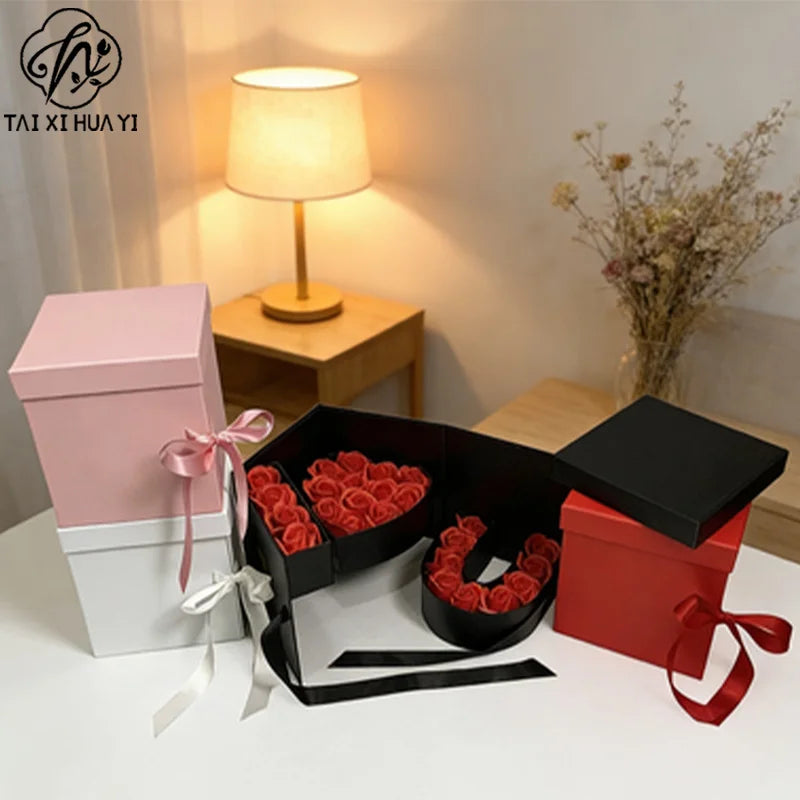 Rotating Square Rigid Gift Box Sponge Flower Packaging Valentine's Day Qixi Wedding Birthday Recycled Materials Coated Paper รูปสินค้าหลัก