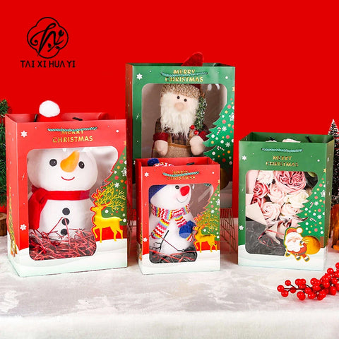Christmas Paper Transparent Window Gift Bag Gold Stamping Recyclable Eco-friendly Doll for Handbag for Christmas Eve