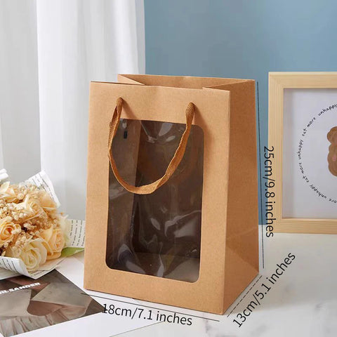 Classic Clear Transparent Kraft Paper Bags Window Cotton Rope Handle Offset Printing Recycled Materials Hand Length Handle for