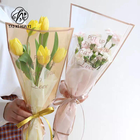 Transparent Single Rose Bouquet OPP Bag Moisture Proof Hot Stamping Gold Edge Festival Flower Wrapping Paper