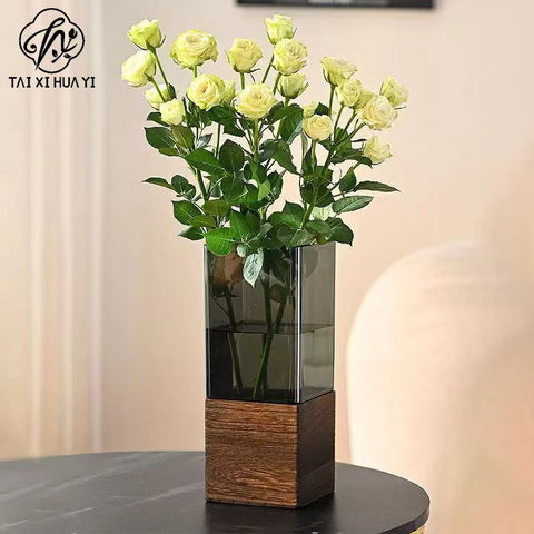 Light Luxury Modern Sleek Square Hydroponic Acrylic Vase with Wooden Sleeve Stand for Gift & Craft Packaging