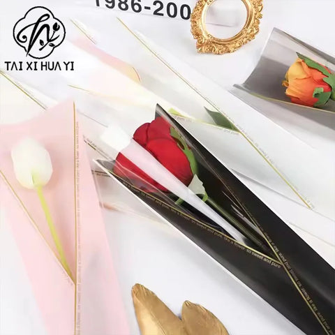 Custom Single Rose Flower Wrap Recyclable OPP Plastic Bag Waterproof Fresh Flower Bouquet Packaging Sleeve Eco-Friendly Paper