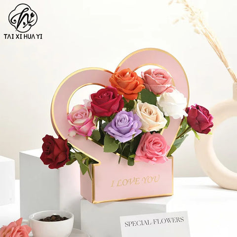 Luxury Gold Stamping Heart-Shaped Gift Boxes with Handle Offset Printing for Bouquets and Gifts