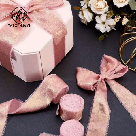 Double Face Hand-Torn Rough-Edge Gilded Plush Eco-friendly Satin Ribbon Valentine's Day Wedding Bouquet Tassels