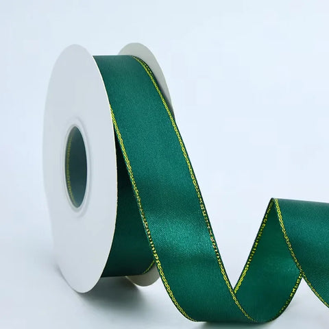 High Quality Polyester Satin Ribbon Gold Edge Floral Design for Wedding Birthday Flower Cake Gift Packaging Christmas