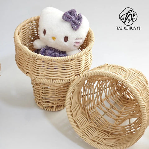 Festive Ice Cream Shaped Plastic Woven Flower Basket for Desktop Decoration and Children's Gifts