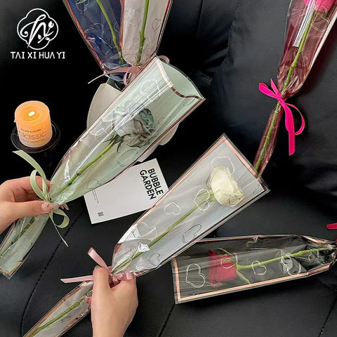 Transparent OPP Fresh Floral Packaging for Florists Elegant Heart Pattern Single Rose Flower Bag