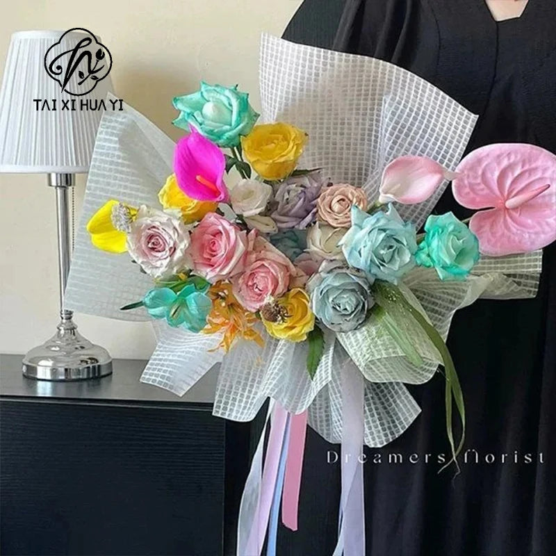 Valentine's Day 57*57cm Non-Woven Waterproof Paper New Grid Flower Bouquet Solid Color Wrapping Paper with Virgin Pulp Style