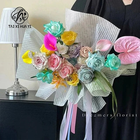 Valentine's Day 57*57cm Non-Woven Waterproof Paper New Grid Flower Bouquet Solid Color Wrapping Paper with Virgin Pulp Style