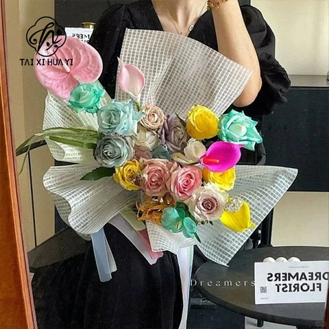 Valentine's Day 57*57cm Non-Woven Waterproof Paper New Grid Flower Bouquet Solid Color Wrapping Paper with Virgin Pulp Style