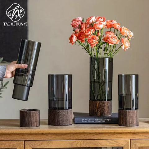Elegant Modern Luxury Vase Acrylic and Wood Base for Home Table Decor for Floral Arrangement Packing Perfect As a Gift
