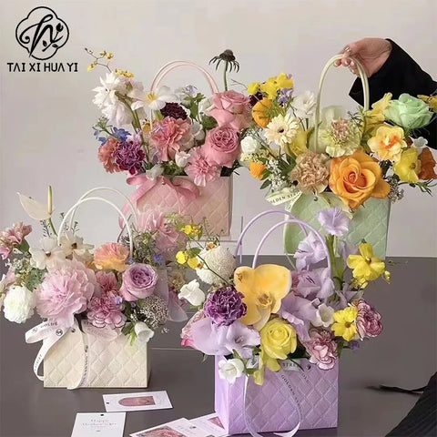 Macaron-Colored Rectangular Tote Single-Sided PE Coating Waterproof Diamond Embossed Flower Craft Paper Packaging Box
