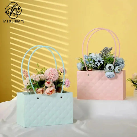 Macaron-Colored Rectangular Tote Single-Sided PE Coating Waterproof Diamond Embossed Flower Craft Paper Packaging Box