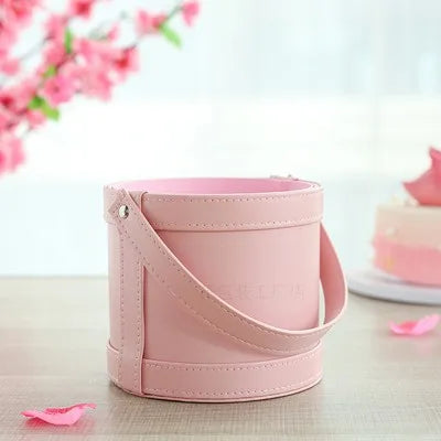 Korean Flower Arrangement Handheld Leather Round Gift Box Qixi Rose Bouquet for Cosmetic Use Handmade Round Hand Holding Bucket