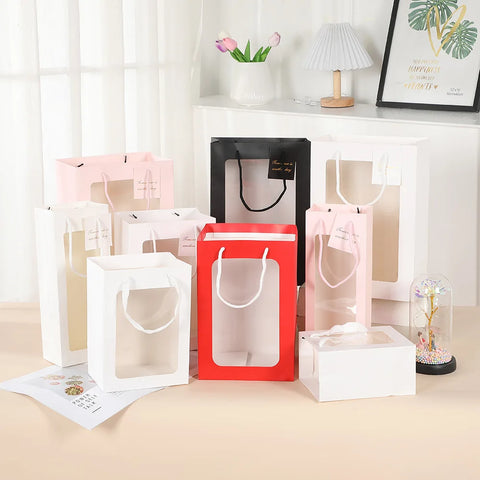 Transparent Window Display Tote Bag for Bouquet Toys Gifts Portable Waterproof Reusable for Teacher's Day Valentine's Day