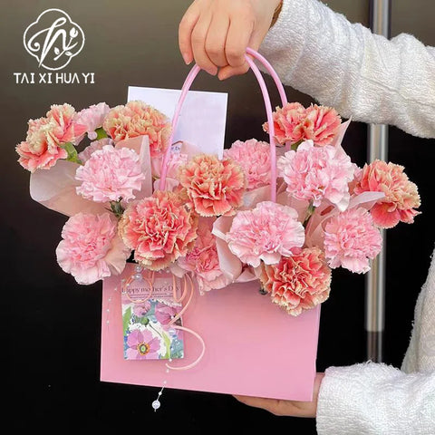 Waterproof Rectangular Flower Box Small Paper Bag with Handle Candy Color Bouquet Packaging Gift Box Tote Box for Flowers Candy