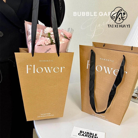 Classic Trapezoidal White and Kraft Paper Bag for Flower Bouquet Valentine's Day Gift with Ribbon Accessory