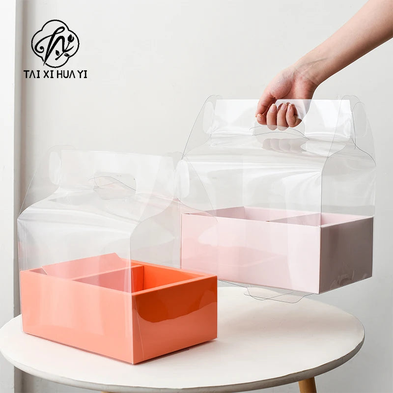 Transparent Handheld Rigid Cake Gift Box Red Qixi Design Valentine's Day Coated Paper Fruit Flower Recycled Materials Ribbon รูปสินค้าหลัก
