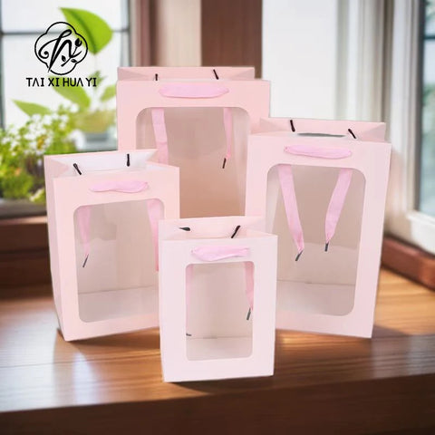 Classic Clear Transparent Kraft Paper Bags Window Cotton Rope Handle Offset Printing Recycled Materials Hand Length Handle for