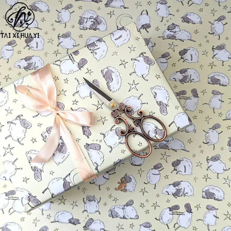 Cute Sheep Night Sky Eco-Friendly Craft Paper Wrapping Custom Printed Cartoon Lamb & Star Moon Gift Wrap for Baby Shower