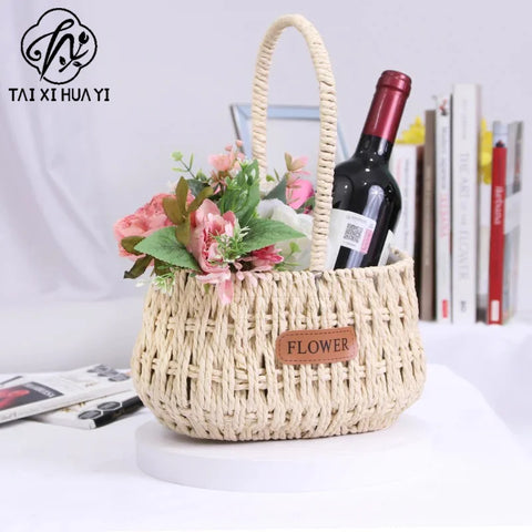 Woven Flower Basket with Paper Rope Handle for Mother's Day Party Wedding Easter Decor Wooden Gift Basket for Festive Occasions