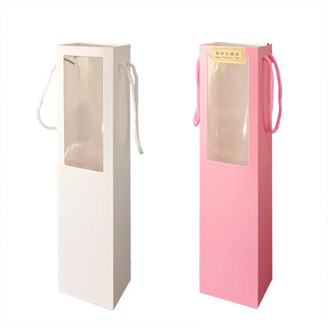 Disposable Solid Color Single Rose Gift Bag Transparent Window Square Matte Laminated Paperboard Folders Custom Logo Bouquet