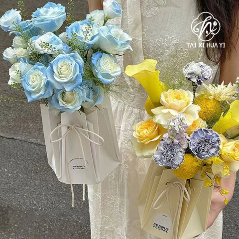 Hand-made Hexagonal Hug Flower Bag Rose Bouquet Recycled Kraft Paper Waterproof Luxury Square Shape Cotton Rope Offset Printing