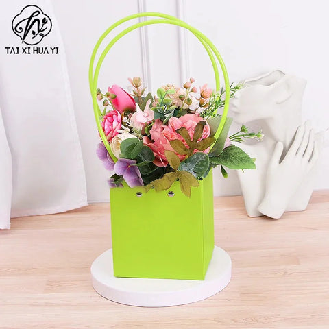 Portable Square Flower Gift Carrier Bags Art Paper Bouquet Wrapping Floral Bag for Arrangements Kraft Paper for Easy Storage